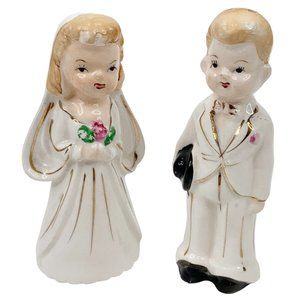 Vintage Salt Pepper Shaker Set Bride Groom Wedding Cake Topper Couple Japan MCM